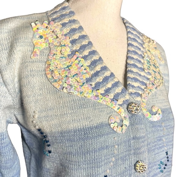 Storybook Knits Sparkling Seahorses Cardigan XS Sweater Sequin Beaded Crochet - Picture 7 of 14